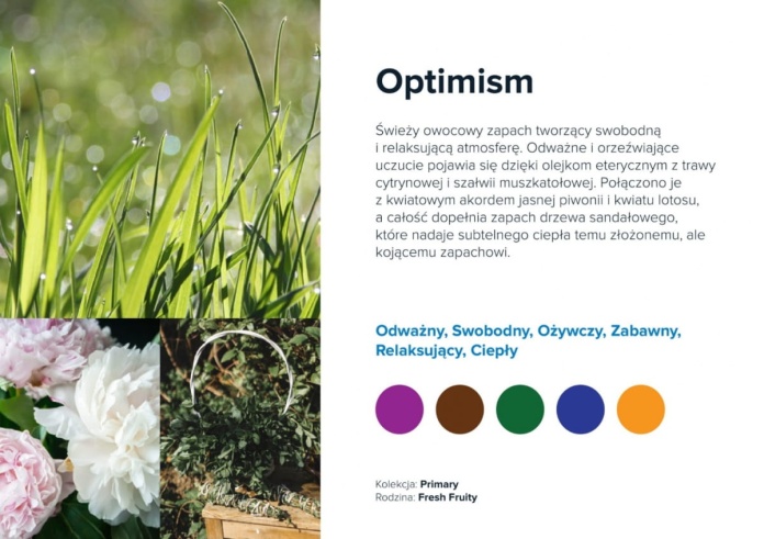 Nuty zapachowe Optimism: cytrusy, owoce, świeże powietrze. Działanie energetyzujące.